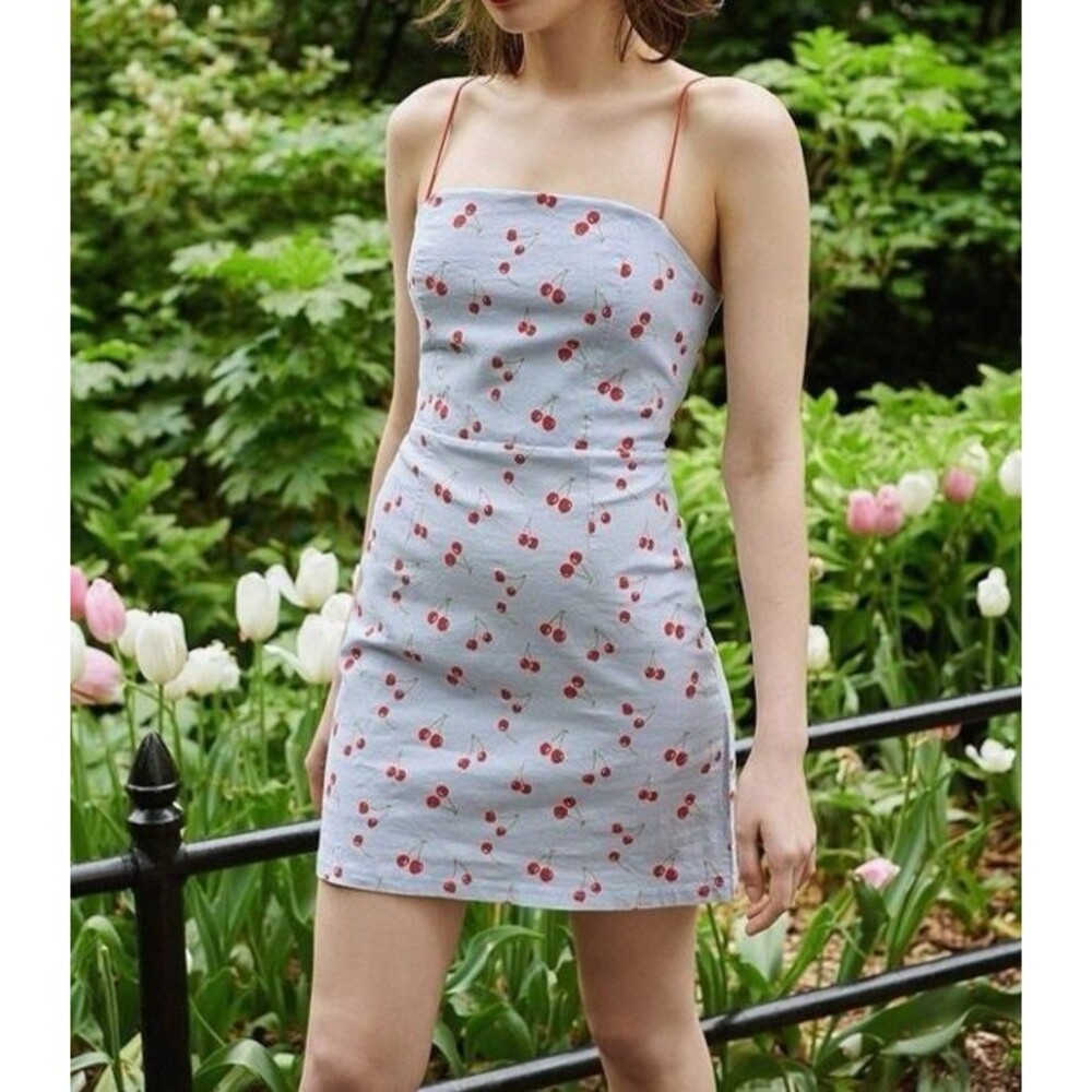 Urban Outfitters Colette Linen Mini Dress Womens 6 Blue Cherry Print